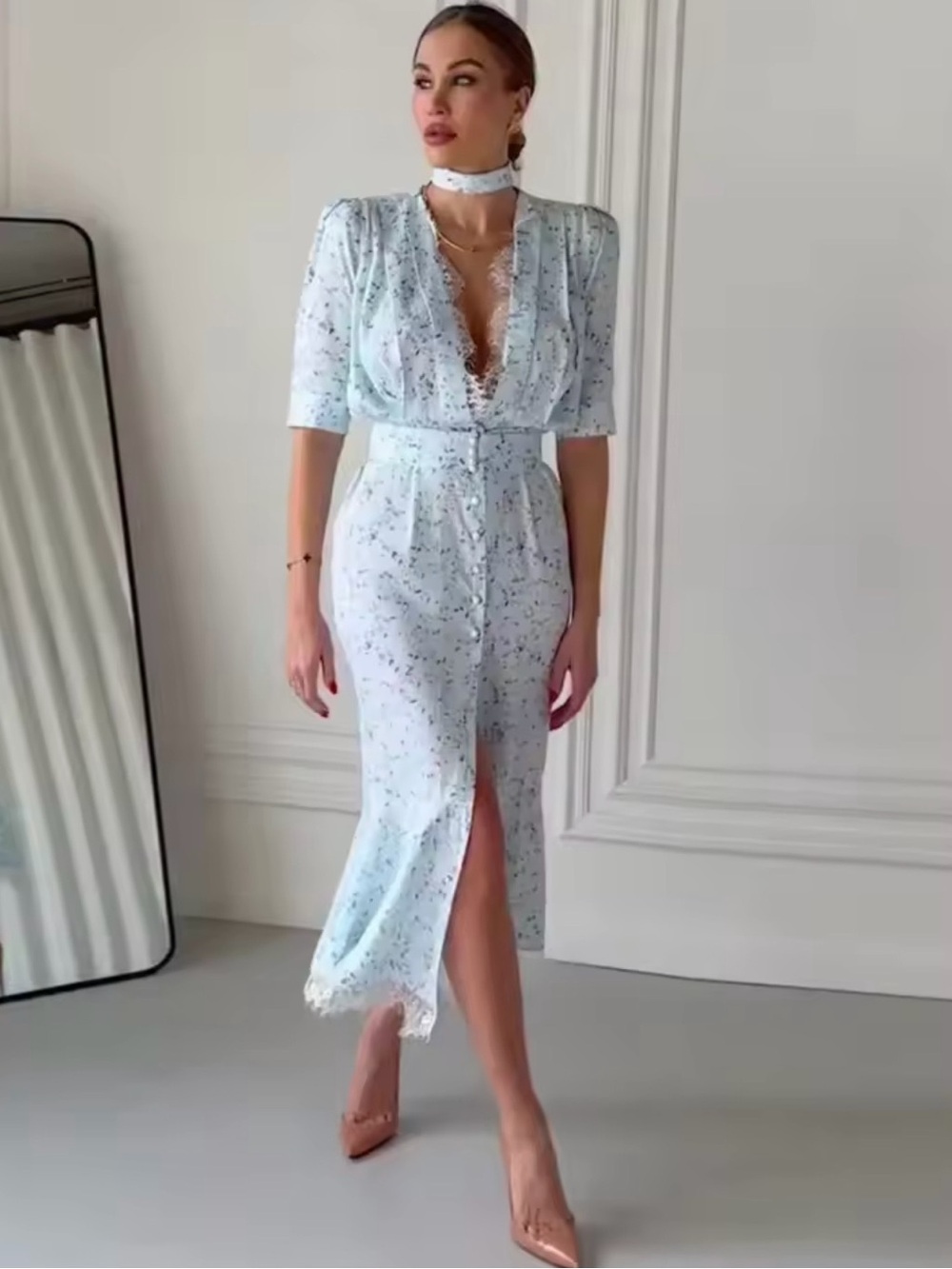 Light Blue Floral Tie-Neck Midi Dress